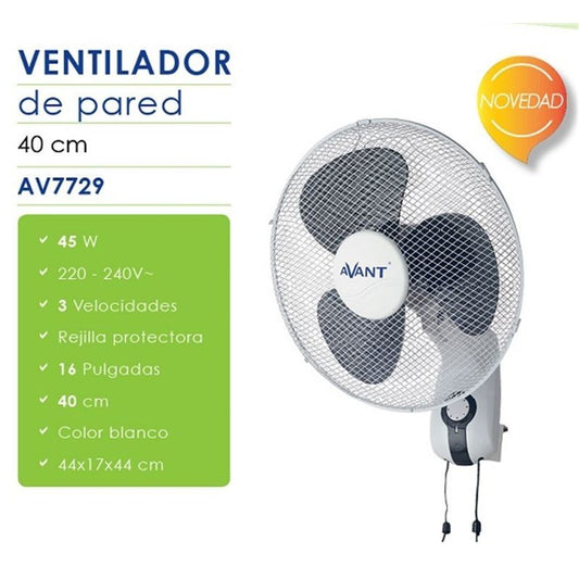 VENTILADOR DE PARED OSCILANTE Ø40CM. 3 VELOCIDADES 45W AVANT