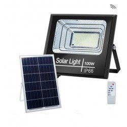 FOCO PROYECTOR LED SOLAR CON SENSOR DE MOVIMIENTO-CREPUSCULAR 100W IP66 PANEL POLICRISTALINO B. FRIO