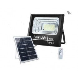 FOCO PROYECTOR LED SOLAR CON SENSOR DE MOVIMIENTO-CREPUSCULAR 60W IP66 PANEL POLICRISTALINO B. FRIO