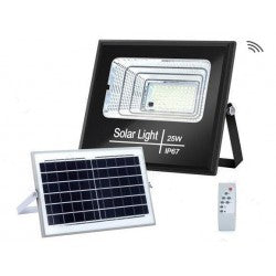 FOCO PROYECTOR LED SOLAR CON SENSOR DE MOVIMIENTO-CREPUSCULAR 25W IP66 PANEL POLICRISTALINO B. FRIO